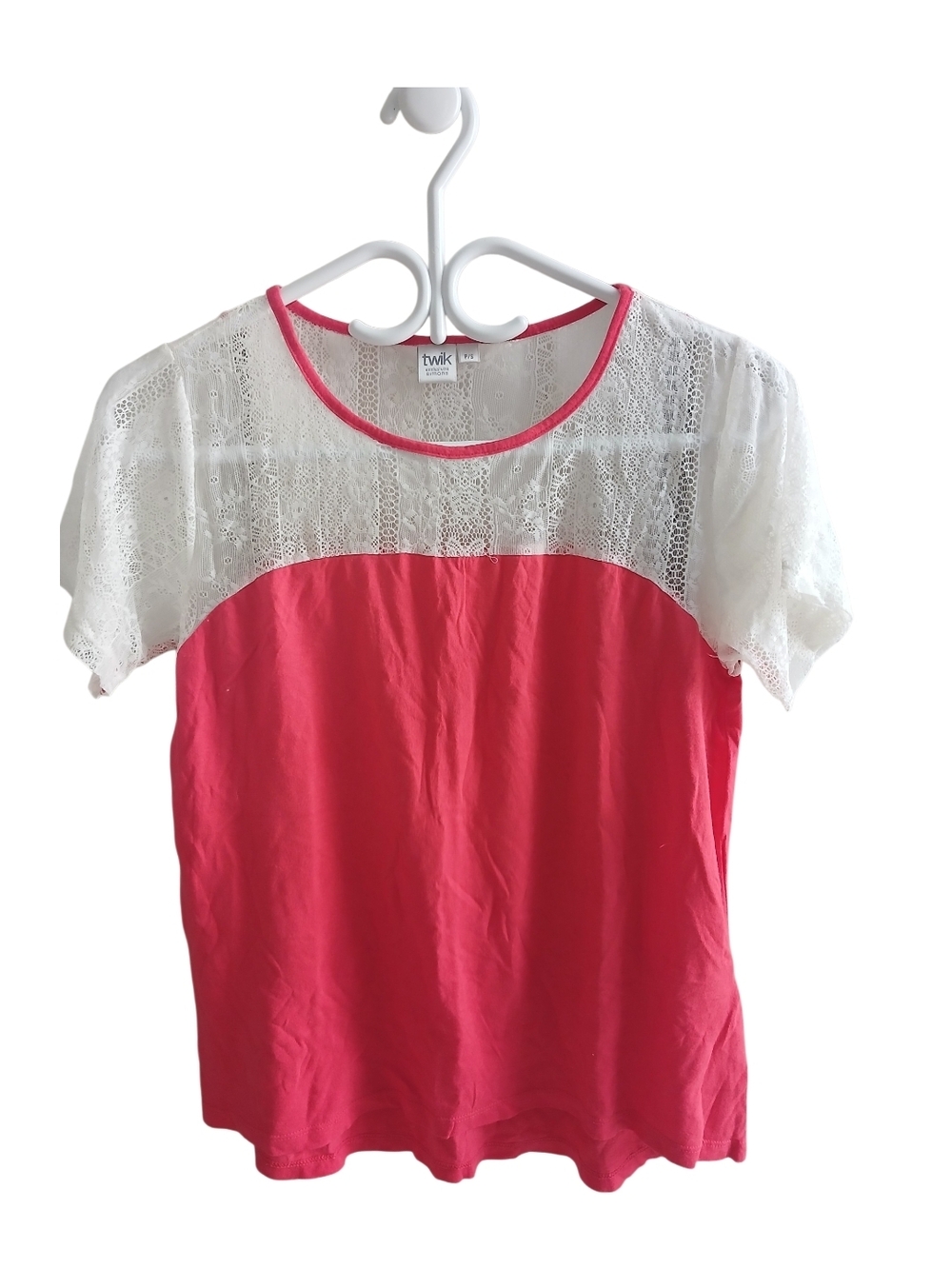 💫Twik Women-s Pink Top with White Lace Yoke Short Sleeve